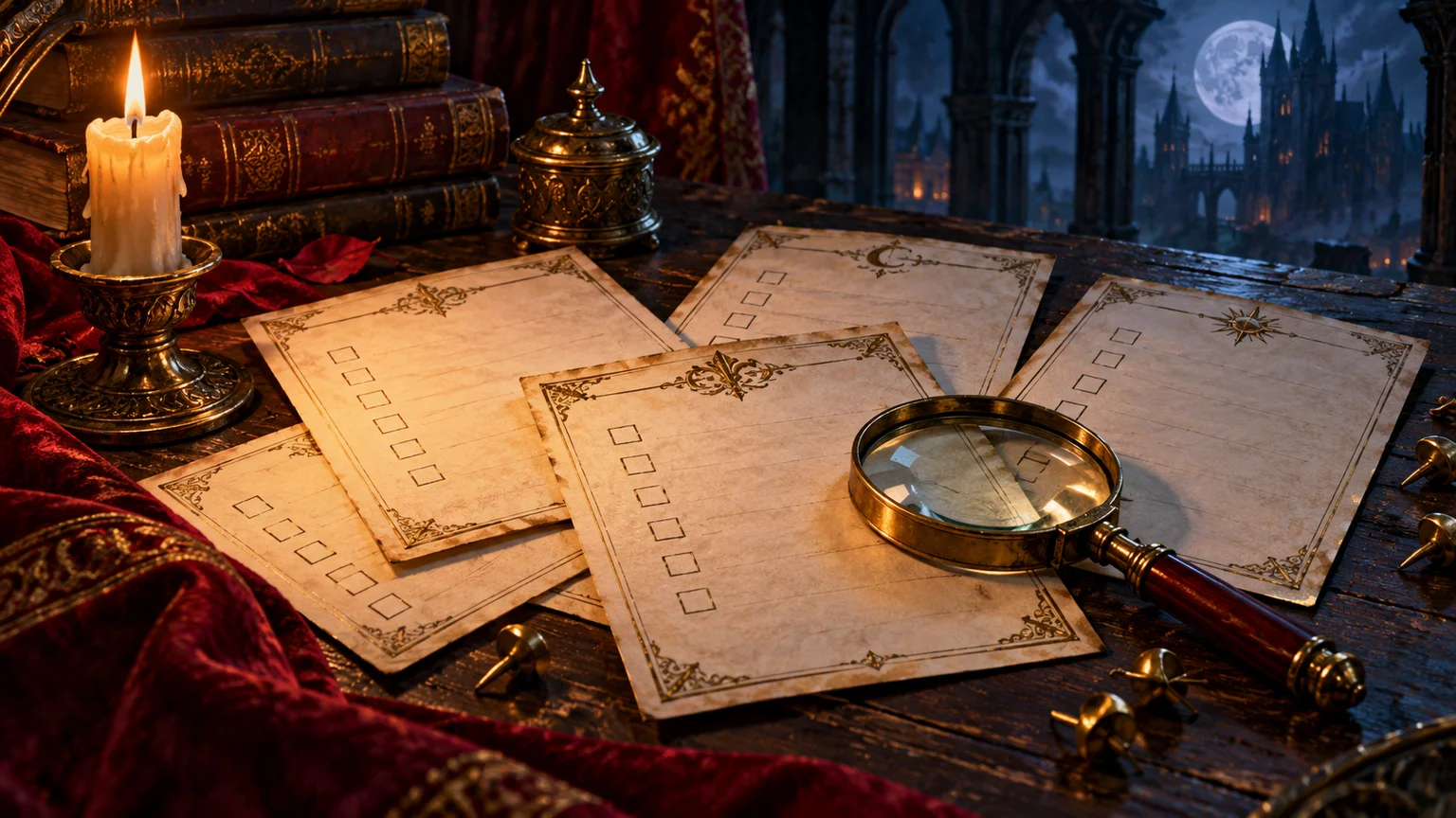 A spread of blank checklist cards with empty geometric checkboxes, brass pins and a magnifying glass, no completion numbers. Original conceptual illustration.