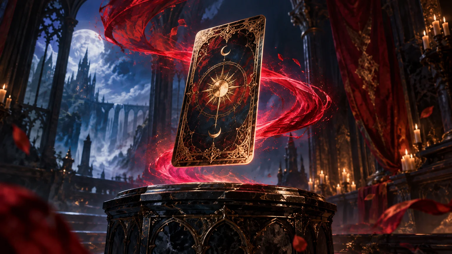 An original arcane tarot card floating above a dark marble pedestal, abstract crimson light streaming into a spell-shaped ribbon. Original conceptual illustration.