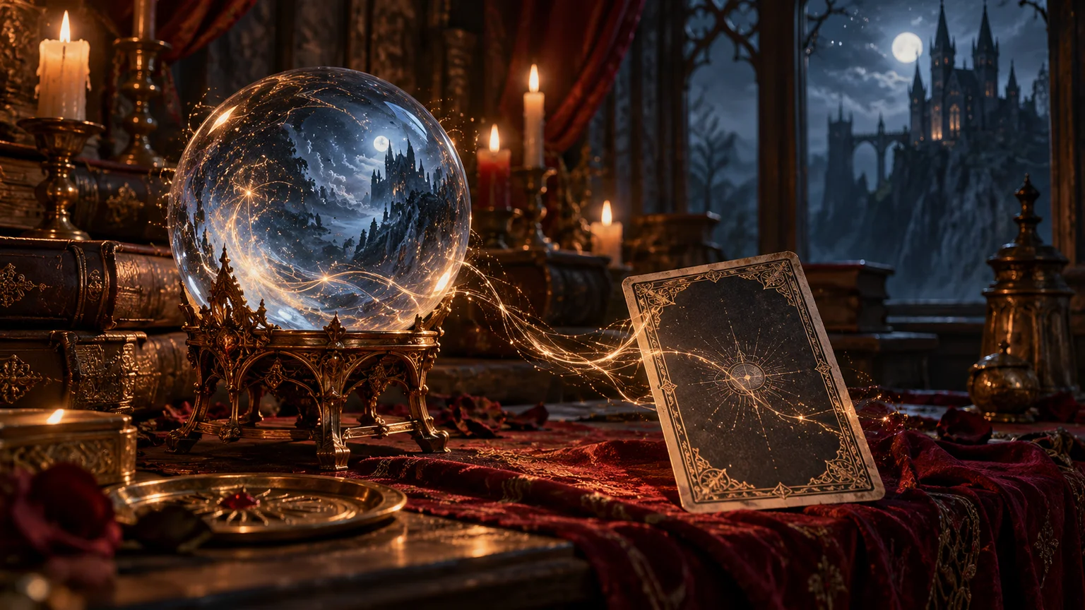 A glass sphere and unlettered tarot card in a candlelit occult study, subtle luminous threads linking card to sphere. Original conceptual illustration.