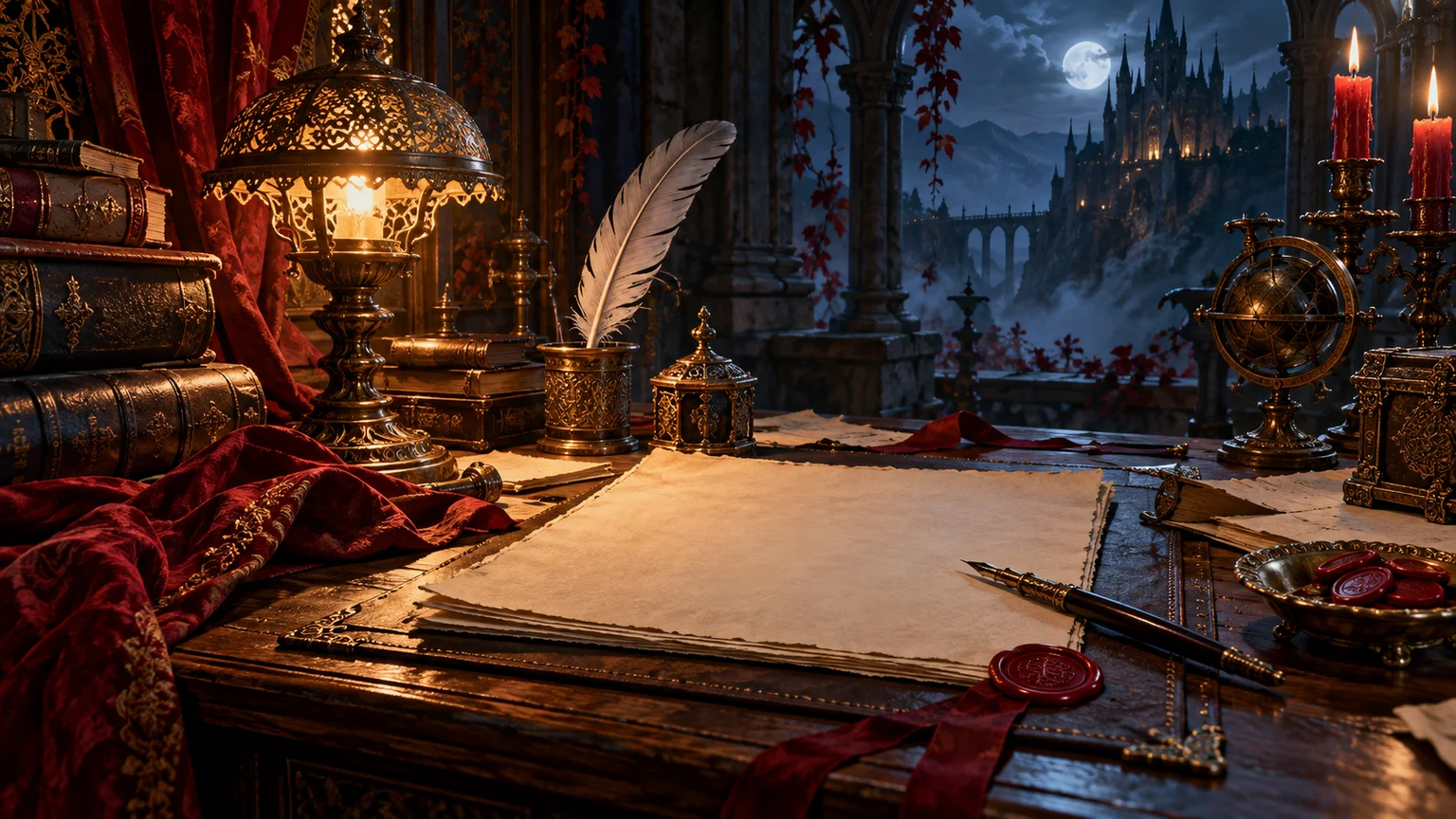 A richly lit medieval editorial desk with blank manuscripts, brass lamp and red wax seals, independent guide editorial identity. Original conceptual illustration.