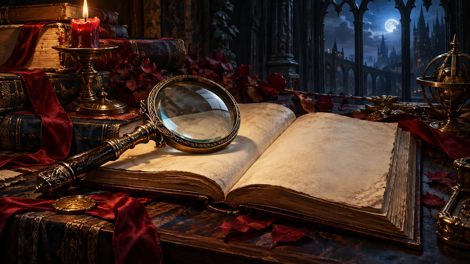 An archivist’s magnifying lens above open blank research folios with carefully arranged source ribbons. Original conceptual illustration.
