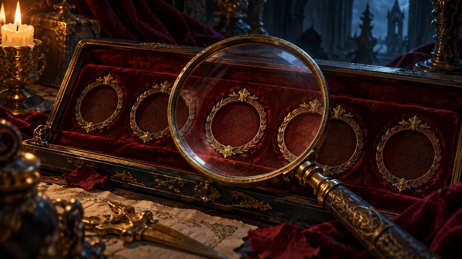 A row of empty medal recesses on dark-red velvet under a magnifying lens, no invented trophy labels or counts. Original conceptual illustration.