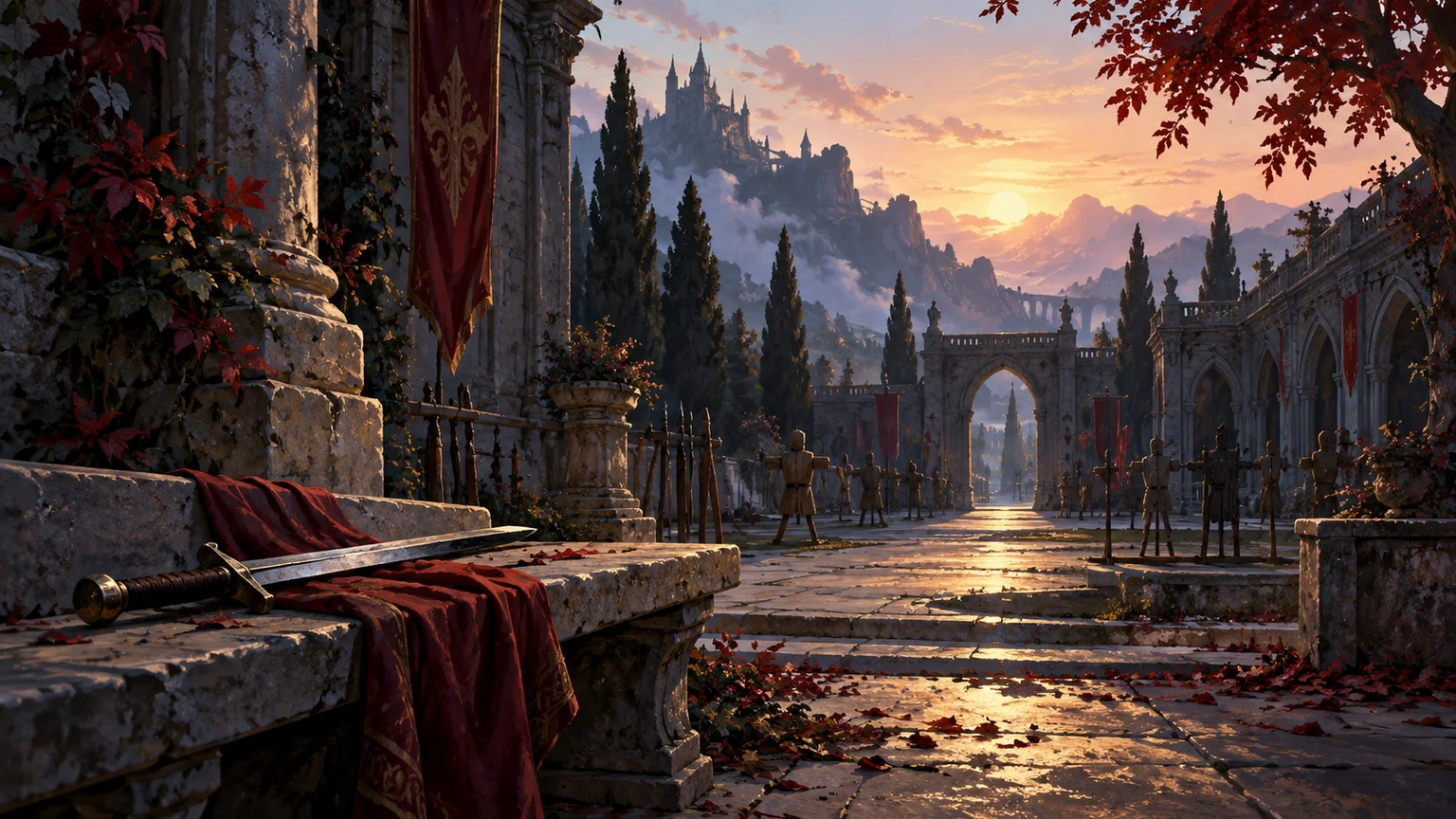 An inviting ancient training courtyard at first light, a simple practice sword resting on a stone bench, clear path into the distance. Original conceptual illustration.