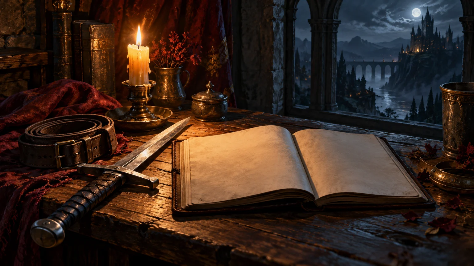 A novice traveler’s desk with a folded leather belt, plain sword, candle and open blank practice notebook. Original conceptual illustration.