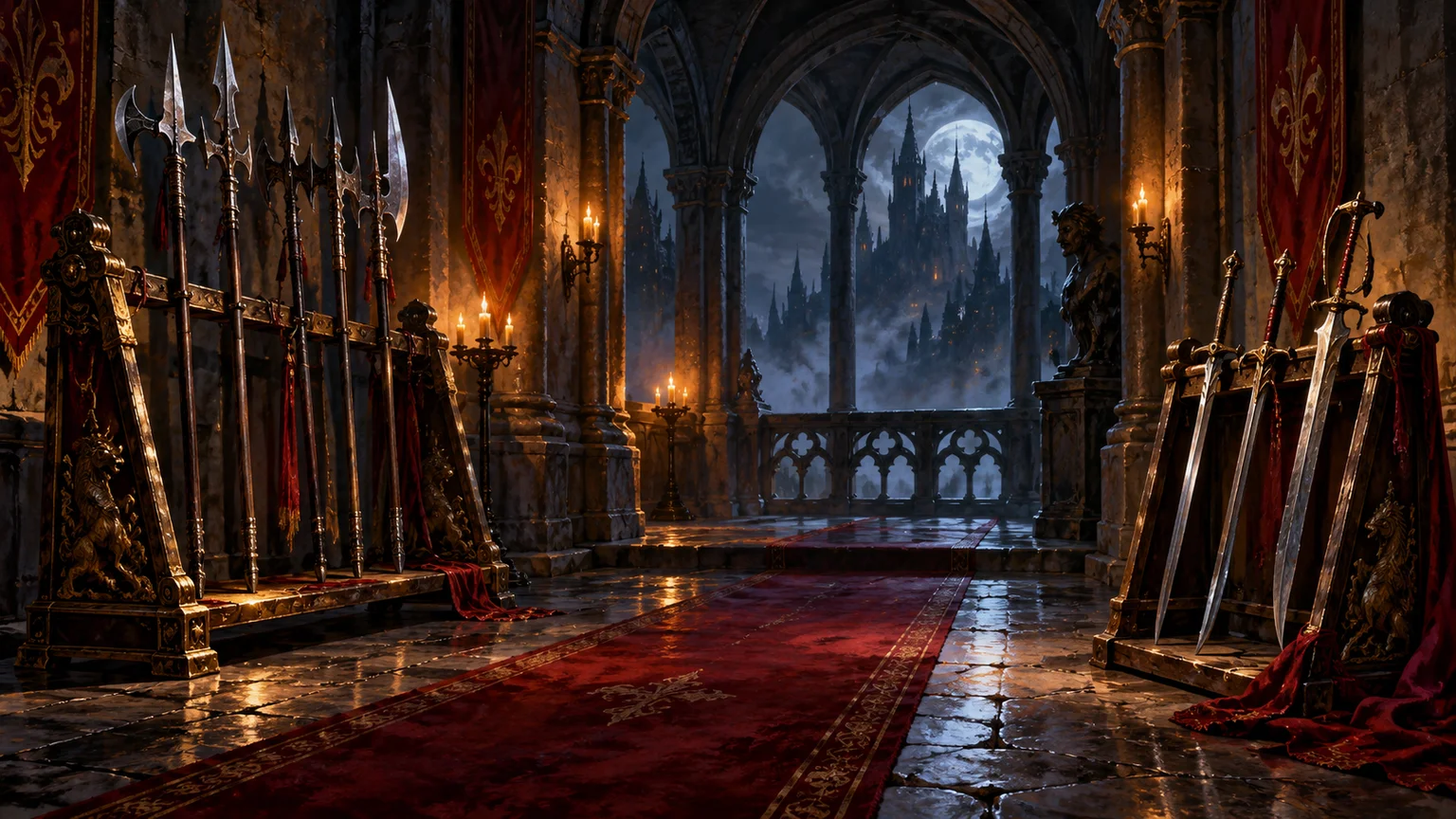 A narrow arched sparring gallery with two distinct empty weapon stands, contrasting distance and close combat through composition. Original conceptual illustration.