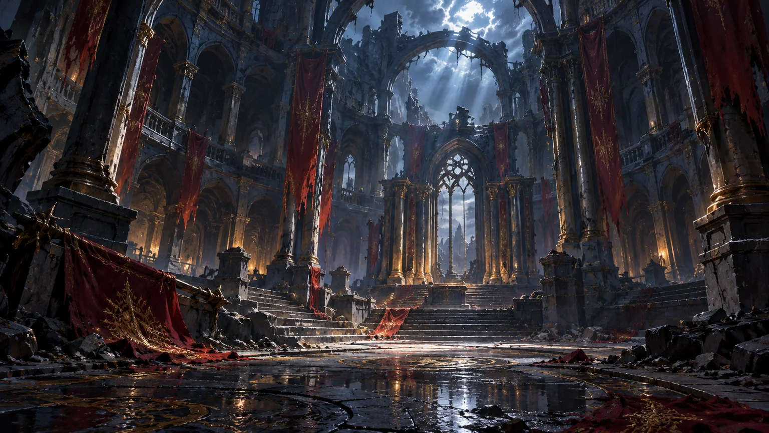 A ruined vaulted arena with abandoned banners and dramatic overhead light, no creatures or named characters. Original conceptual illustration.