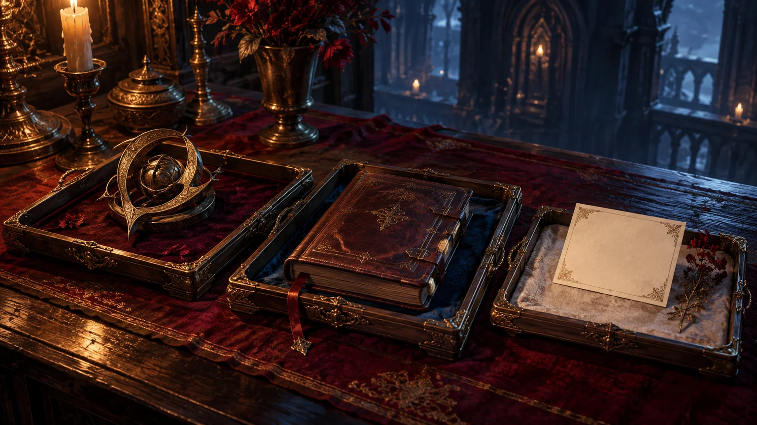 An archival table with three different trays holding an abstract metal relic, leatherbound equipment journal and unlettered card. Original conceptual illustration.