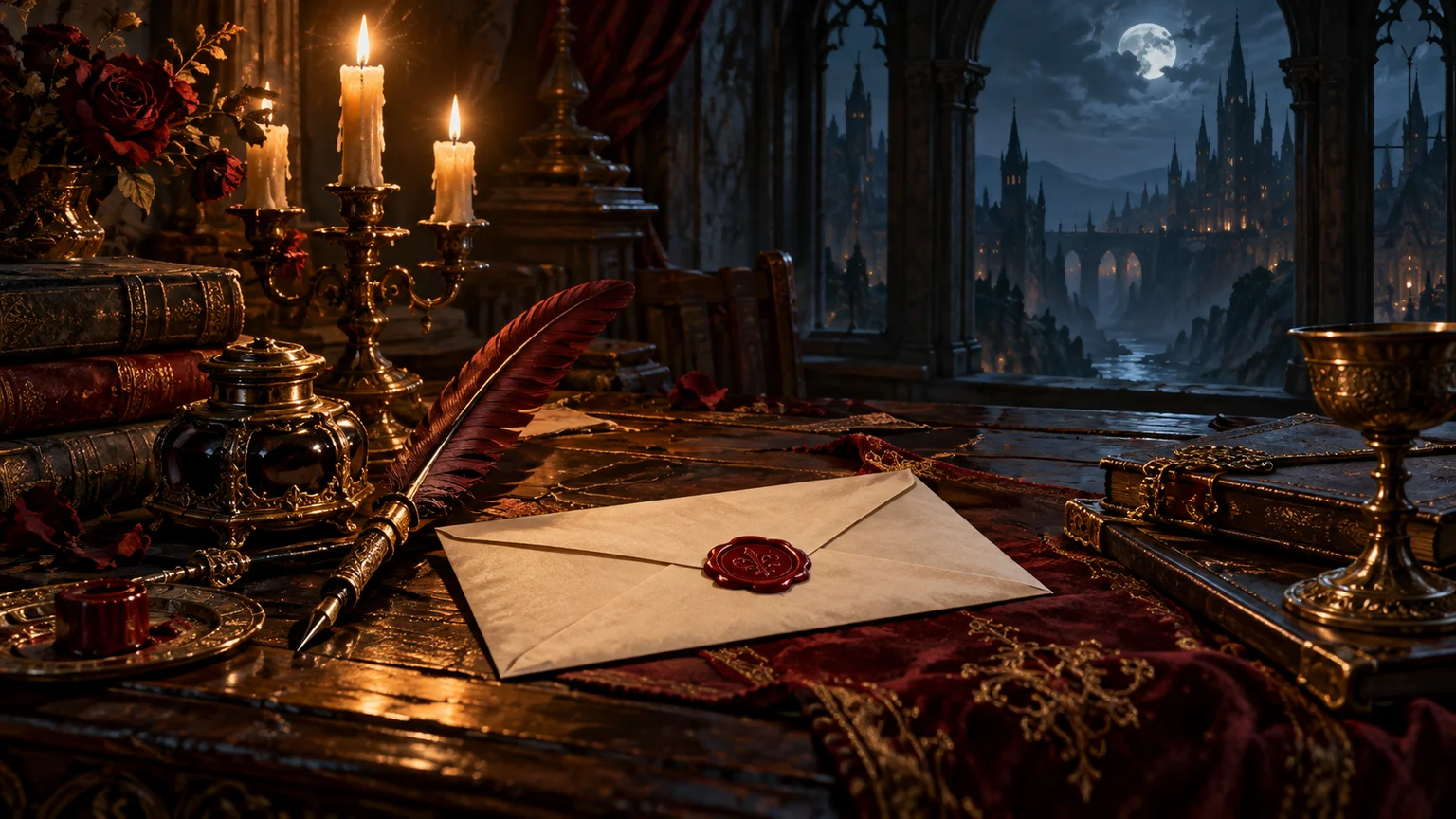 A candlelit Gothic writing desk with a blank envelope, feather pen and red wax seal, correspondence metaphor. Original conceptual illustration.