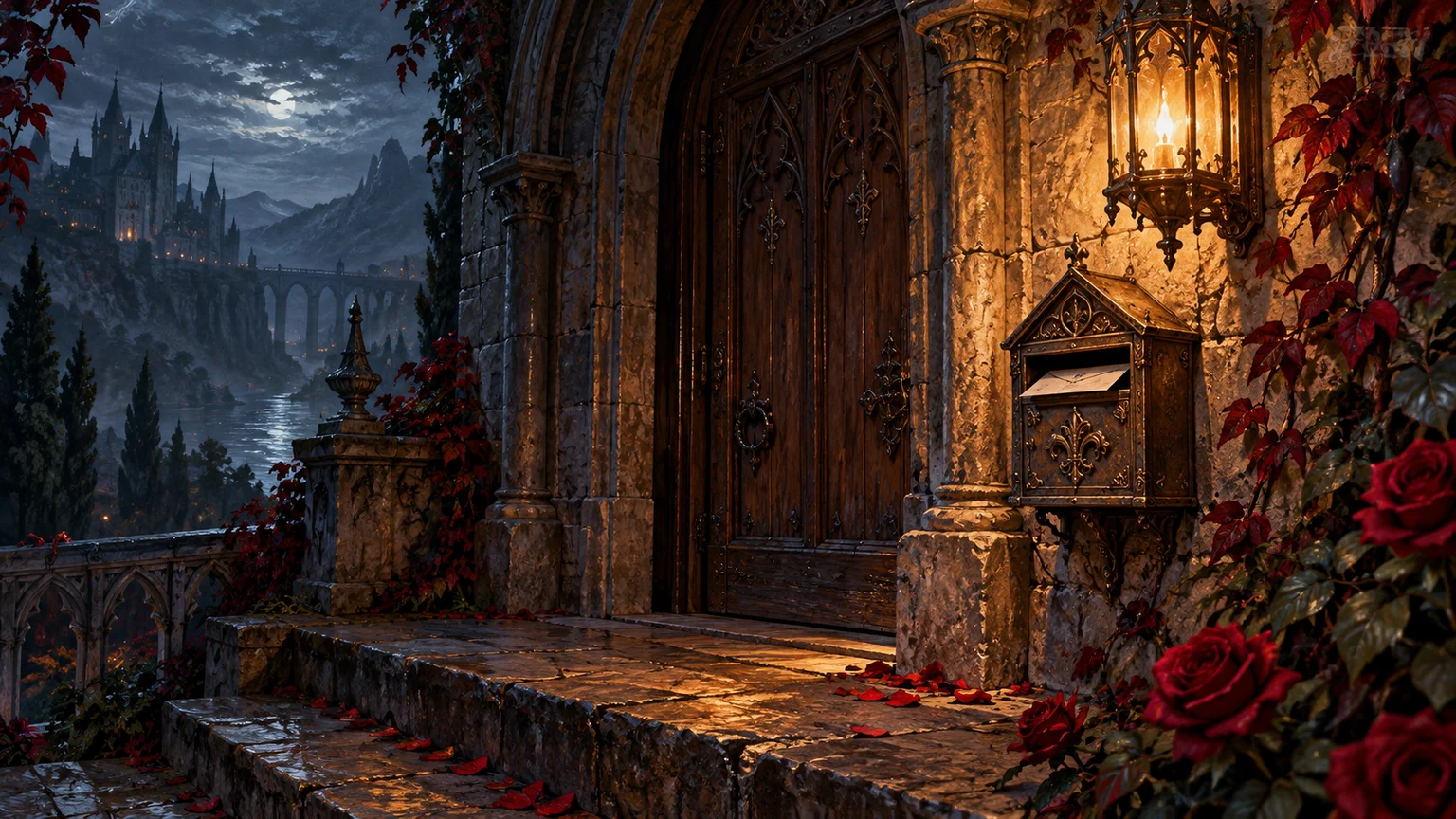 A small unlettered letterbox beside a lantern at an ancient arched doorway, welcoming contact metaphor. Original conceptual illustration.