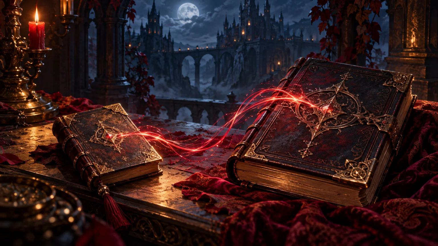 Two leatherbound journals linked by a glowing crimson thread, one small and one larger, symbolic progress transfer. Original conceptual illustration.