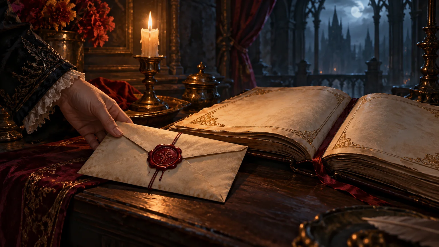 A wax-sealed archive envelope being placed beside a larger open ledger, symbolic preservation of saved progress. Original conceptual illustration.
