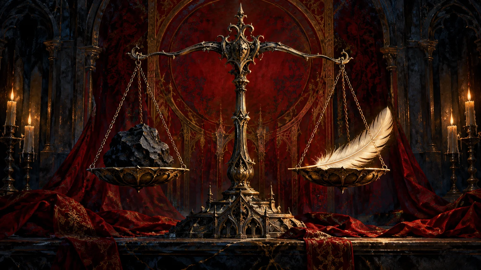 A Gothic balance scale with a dark stone on one side and a light feather on the other, ornate red backdrop. Original conceptual illustration.