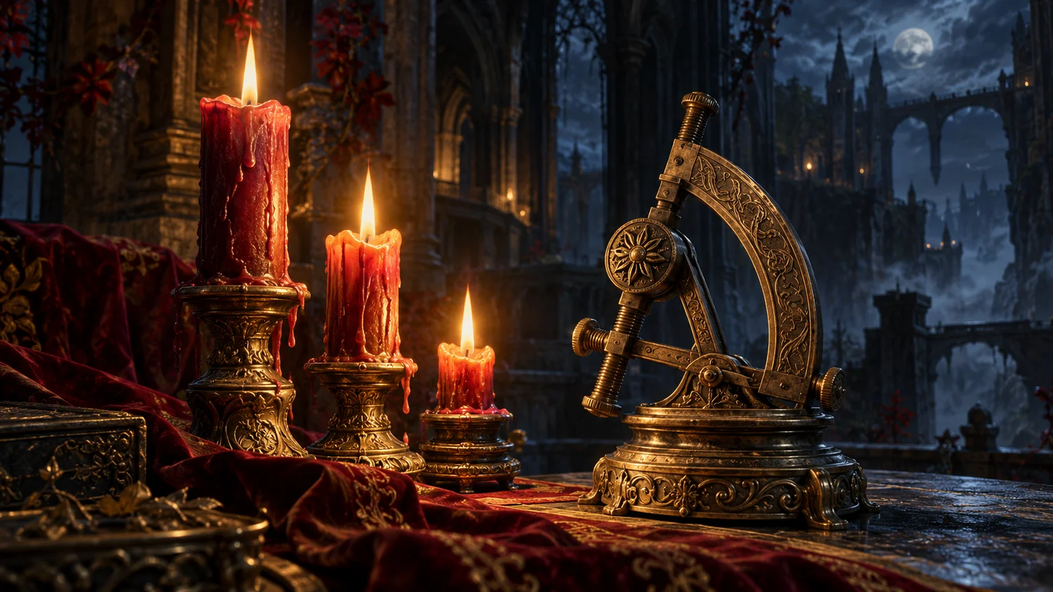 Three candle flames of different heights beside a carved adjustable brass mechanism, symbolic challenge settings. Original conceptual illustration.