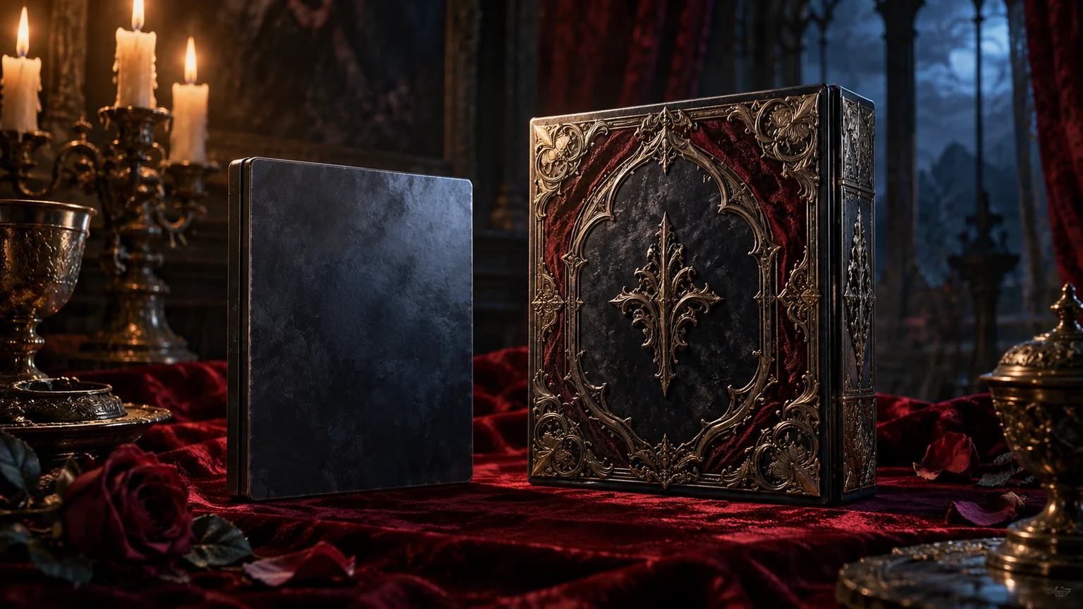 An elegant comparison still life with a plain game case and an ornate generic collector case arranged separately on velvet. Original conceptual illustration.
