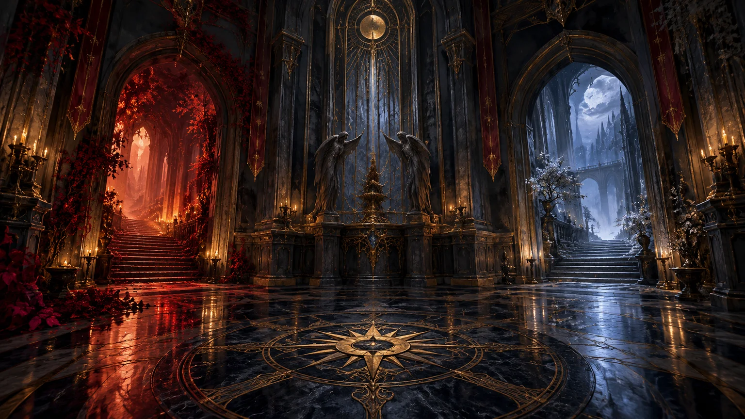 An original grand hall branching into two differently lit doorways, symbolic multiple narrative outcomes, no story spoilers. Original conceptual illustration.