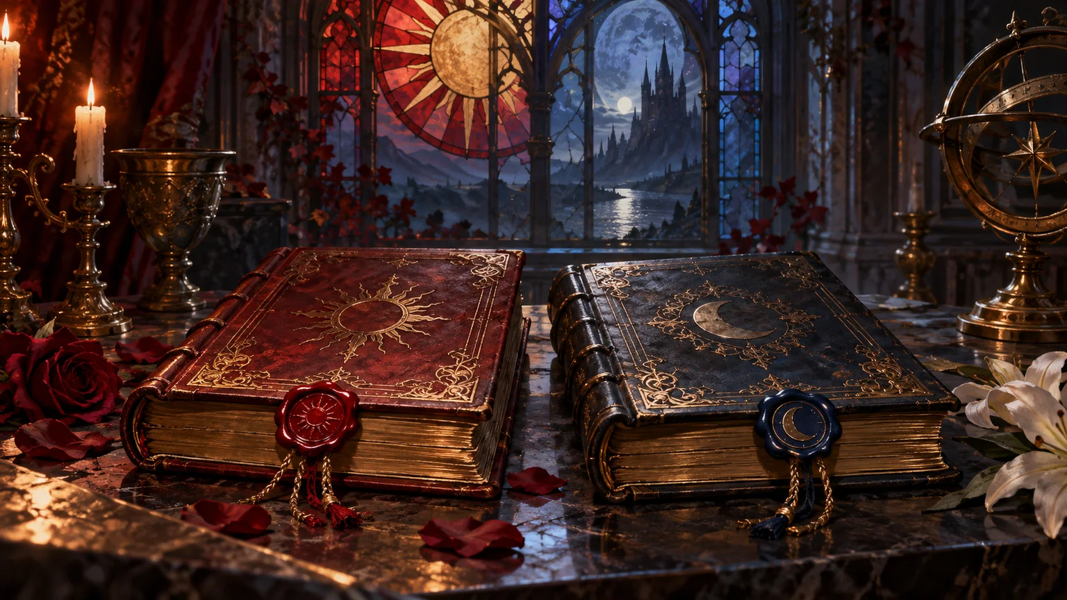 Two closed unlettered storybooks with different wax seals under a stained-glass window, symbolic ending choices. Original conceptual illustration.
