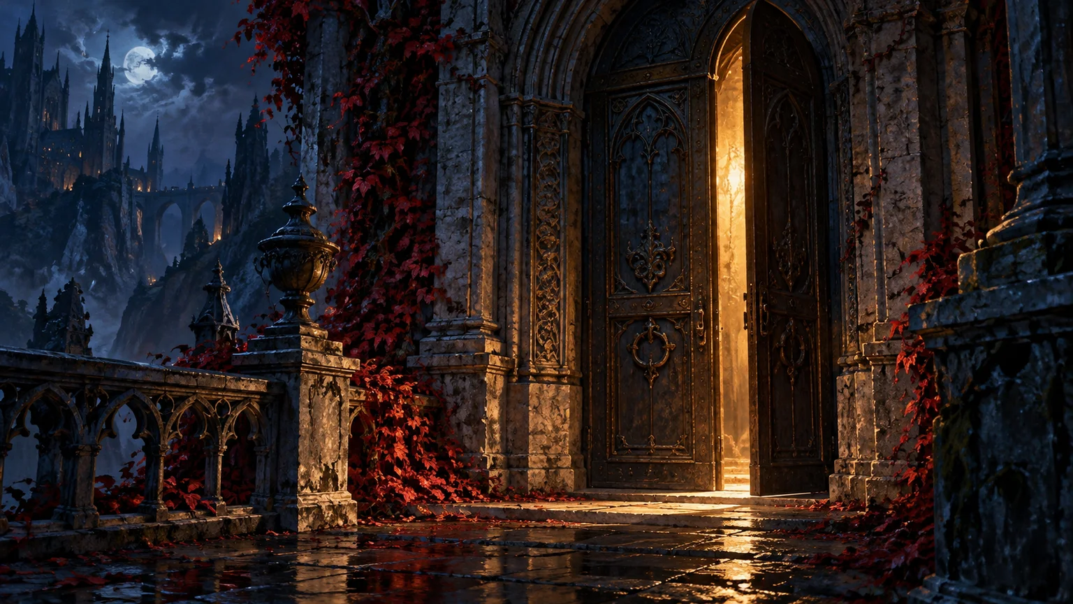 A concealed doorway slightly open behind weathered Gothic stonework, warm gold light escaping through a crack. Original conceptual illustration.