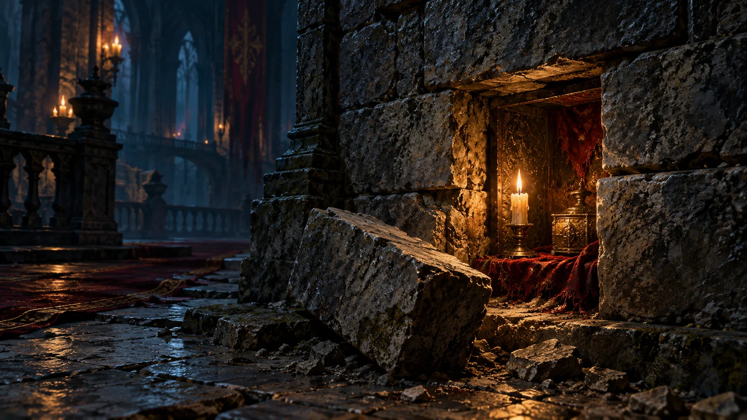 An ancient masonry wall with a displaced stone revealing a tiny candlelit chamber, no loot or gameplay UI. Original conceptual illustration.