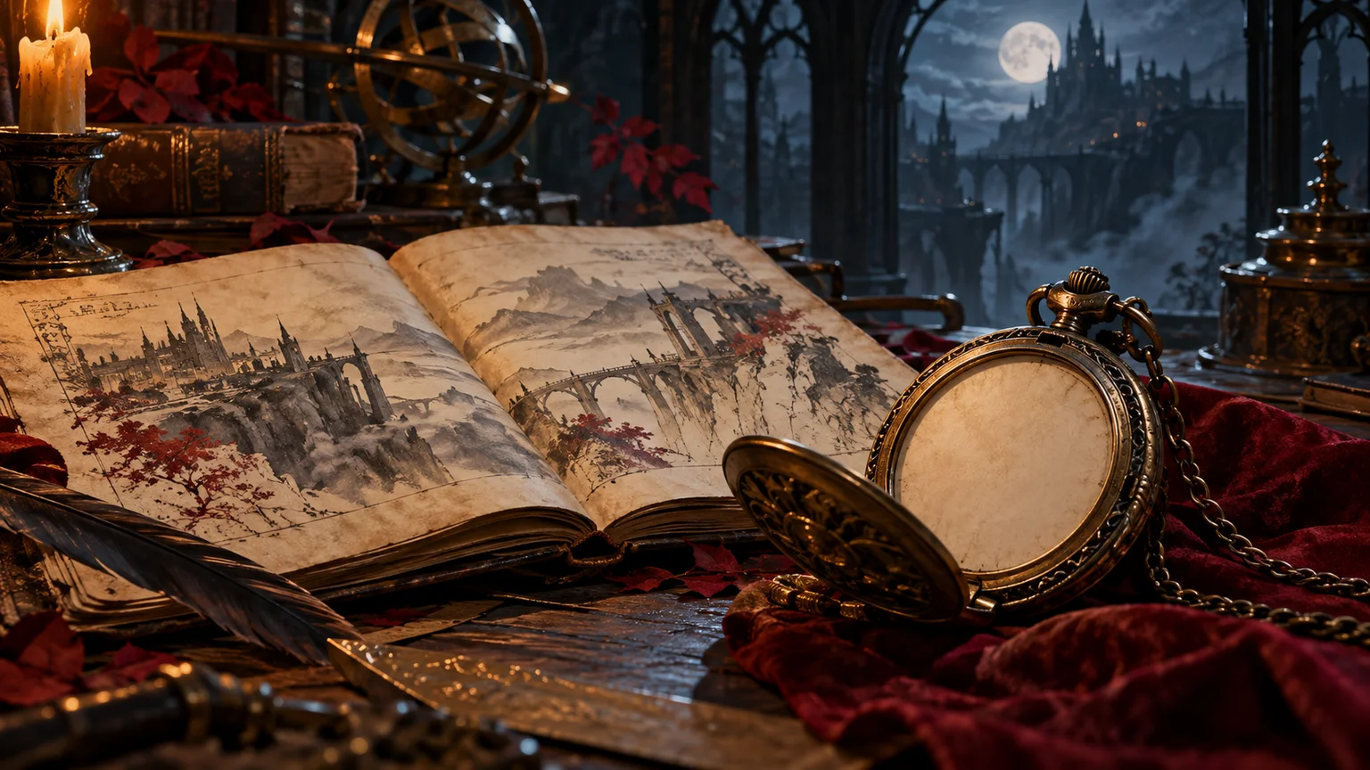 A mechanical pocket watch with a blank unnumbered face beside an open journey ledger, careful research of time. Original conceptual illustration.