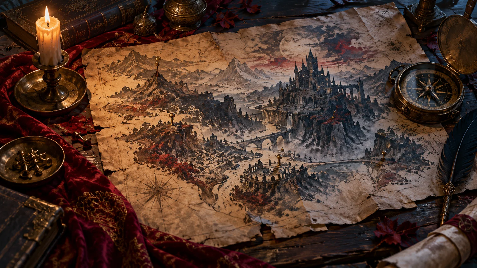 A fictional unlettered parchment navigation sketch with removable brass pins and compass on a scholar’s desk, clearly not a game map. Original conceptual illustration.