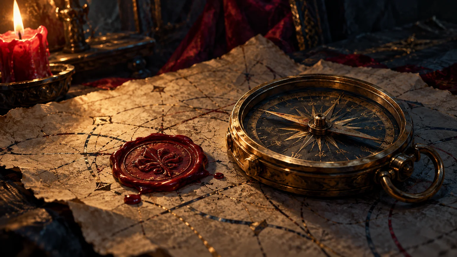 A close view of one crimson wax marker and brass compass on abstract non-geographic parchment lines, no identifiable route. Original conceptual illustration.