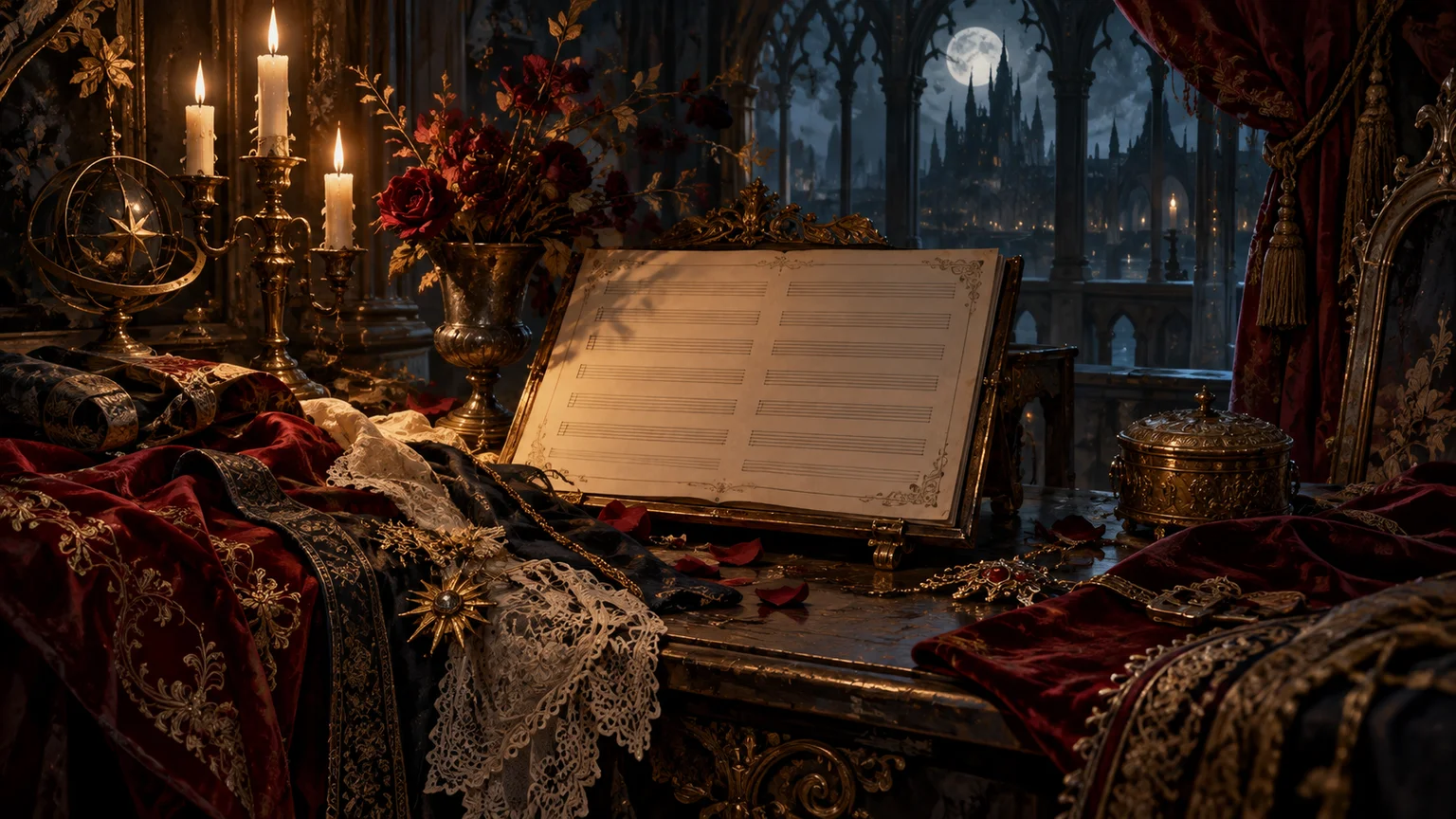 A candlelit gallery folio with a blank musical sheet and abstract decorative costume fabrics, symbolic digital gallery contents. Original conceptual illustration.
