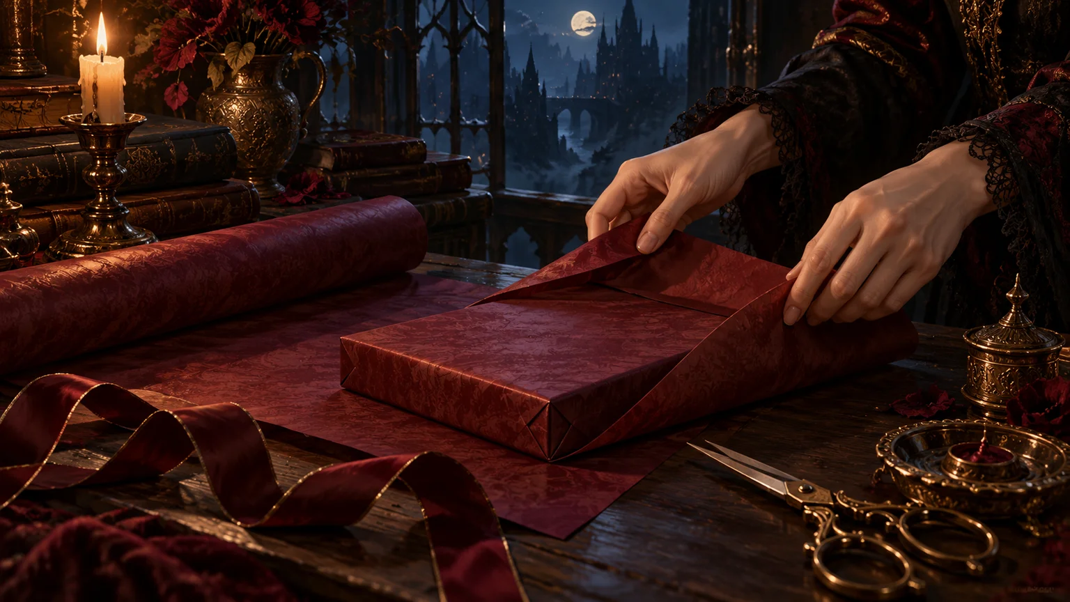 A closed generic physical game case being wrapped carefully in burgundy paper, no recognizable official packaging. Original conceptual illustration.