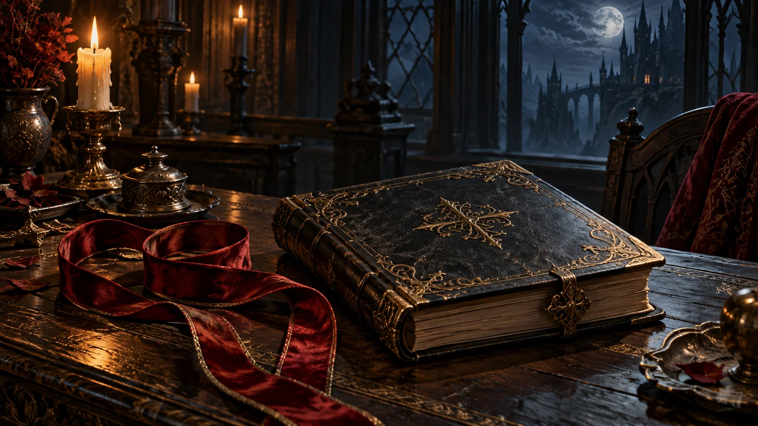 A coiled ribbon lying beside an unopened adventure journal in a Gothic study, conceptual replay research, no UI or unlock promises. Original conceptual illustration.
