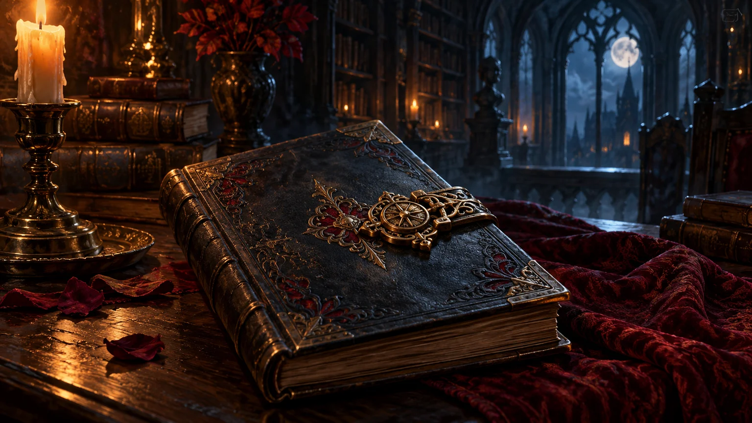 A closed leather journal secured by an ornate brass clasp inside a quiet Gothic library, privacy metaphor. Original conceptual illustration.