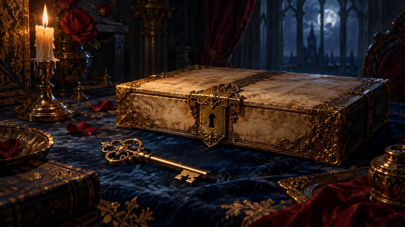 A delicate brass key and locked parchment document box on a dark-blue velvet desk, data-choice metaphor. Original conceptual illustration.