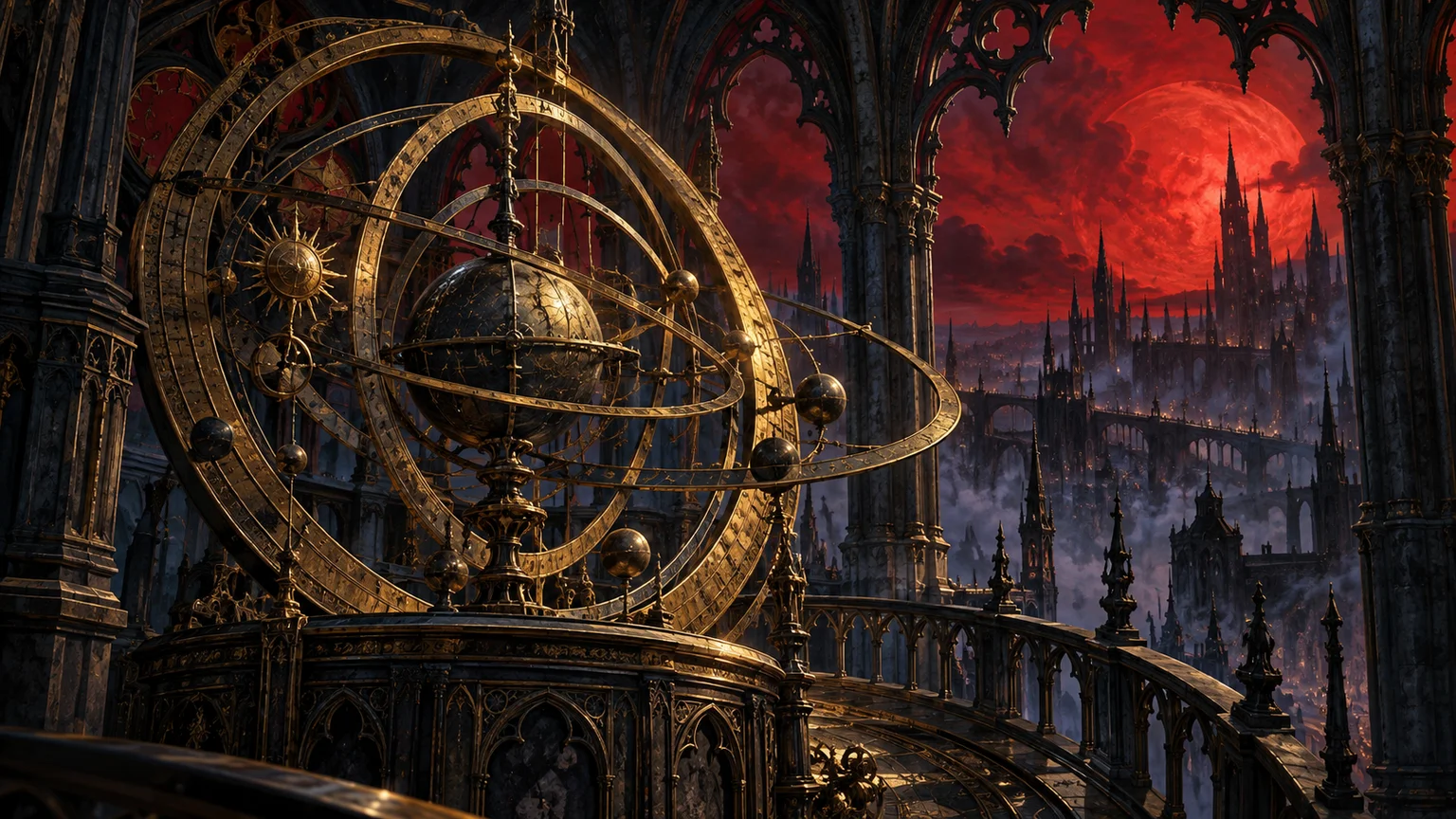 An antique astronomical calendar mechanism in a Gothic clock tower, unnumbered brass rings against a crimson sky. Original conceptual illustration.
