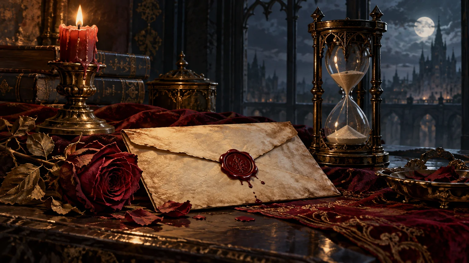 A publisher-announcement concept still life with blank sealed parchment, an hourglass and dried red rose. Original conceptual illustration.