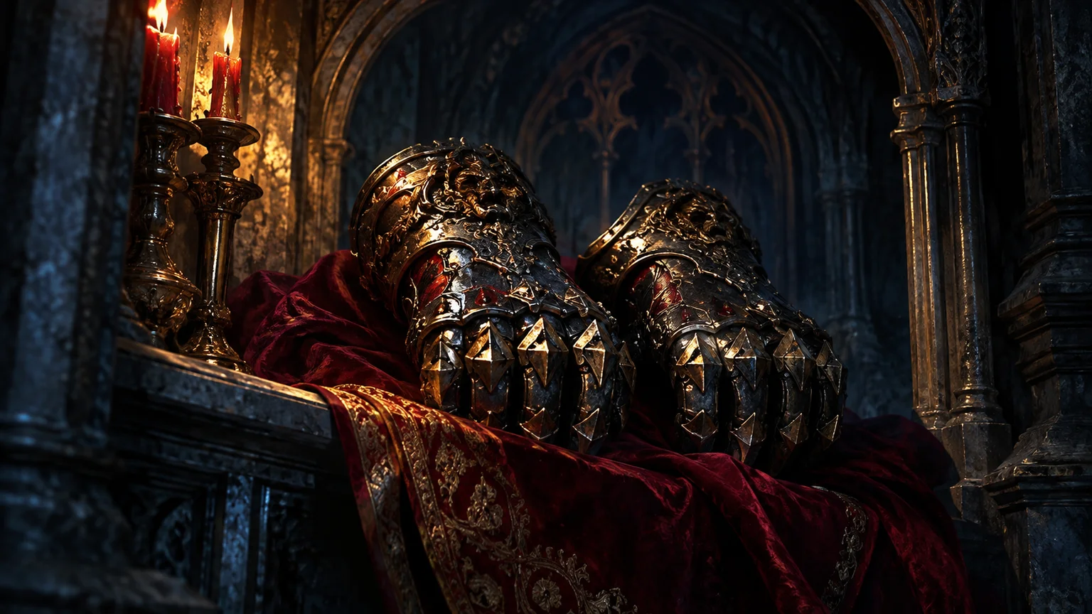 A pair of original iron fist gauntlets hidden within a dark vaulted alcove, intimate dramatic side lighting. Original conceptual illustration.