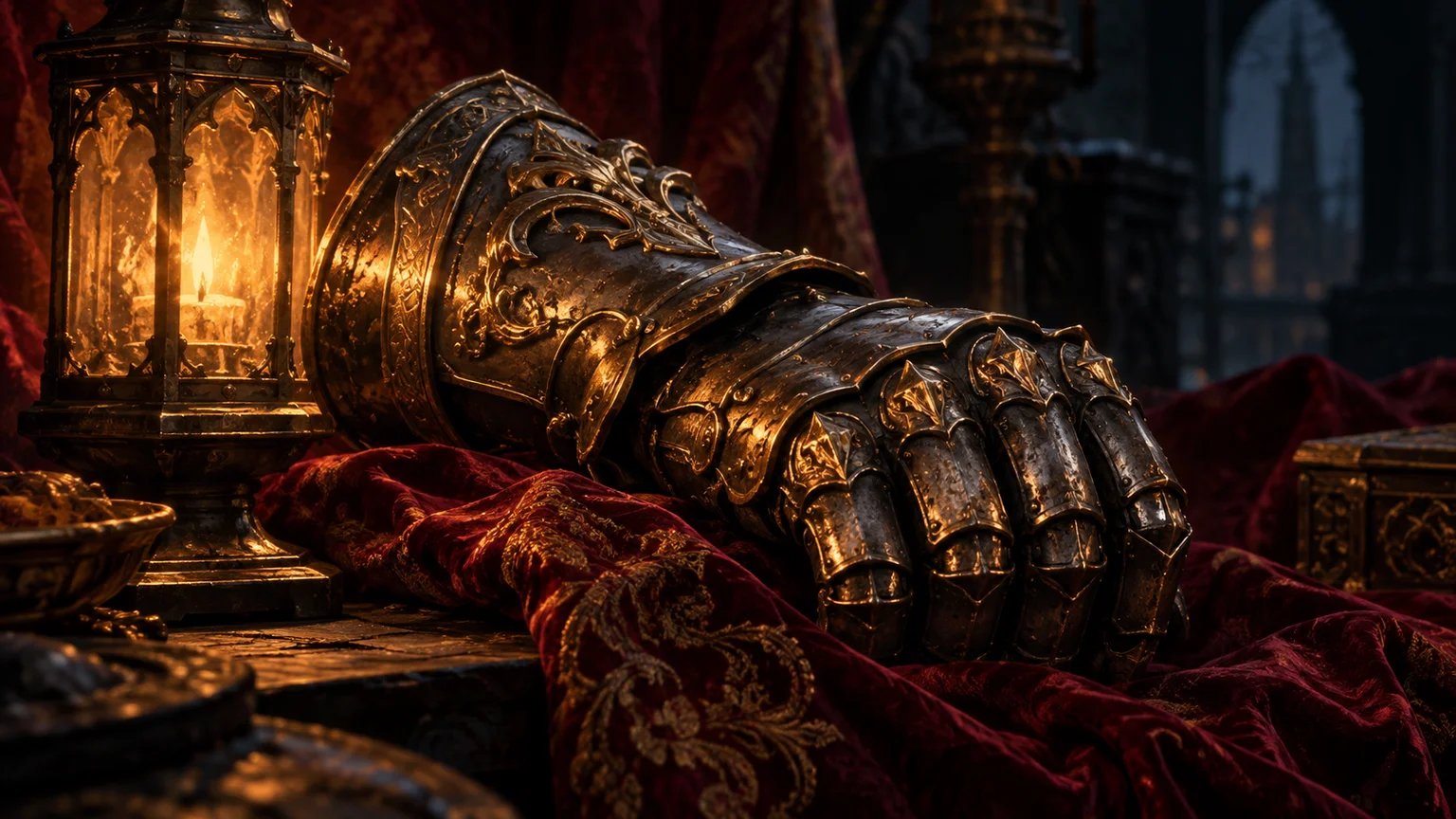 A close view of a weathered fist gauntlet under lantern light, sculptural metal detail against warm burgundy cloth. Original conceptual illustration.