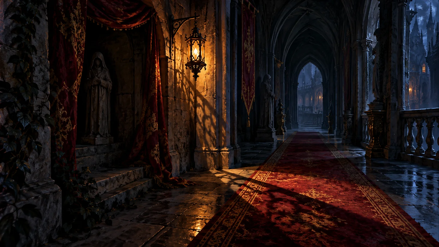 A mysterious medieval corridor with a subtle hidden recess and a lantern casting a revealing diagonal shadow. Original conceptual illustration.