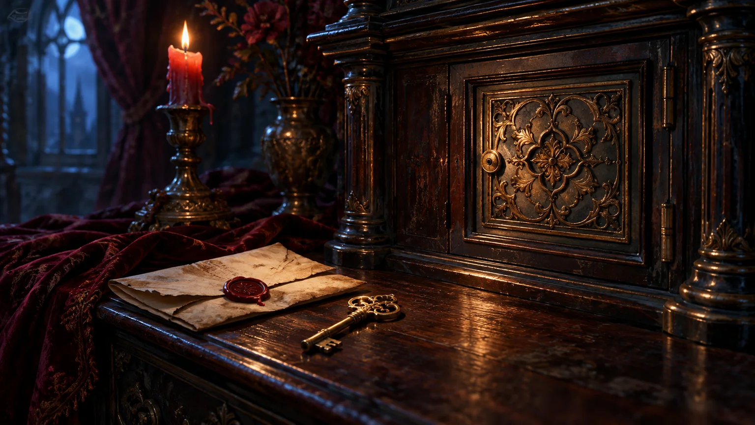 An original still life of a small key, folded parchment and closed secret compartment on an antique cabinet. Original conceptual illustration.