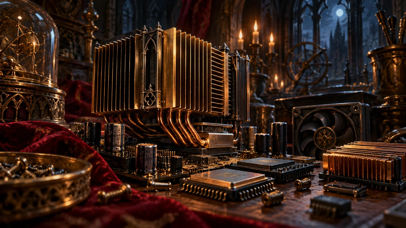 A tasteful macro still life of generic computer circuit components and brass cooling fins in a Gothic scientific workshop. Original conceptual illustration.