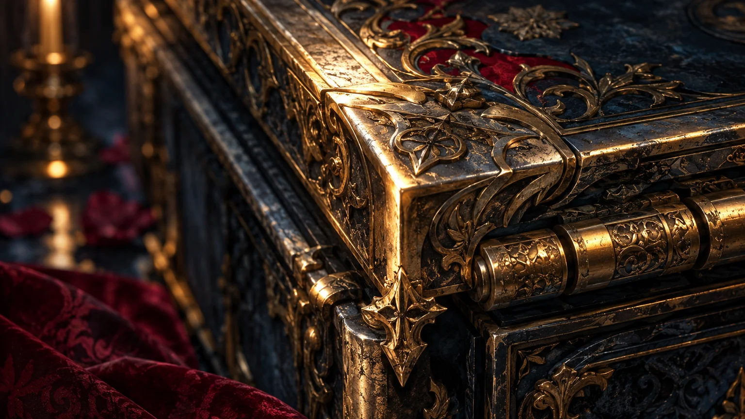 Macro view of engraved metal collector-case corners and hinge, antique gold reflections, original invented ornamental design. Original conceptual illustration.