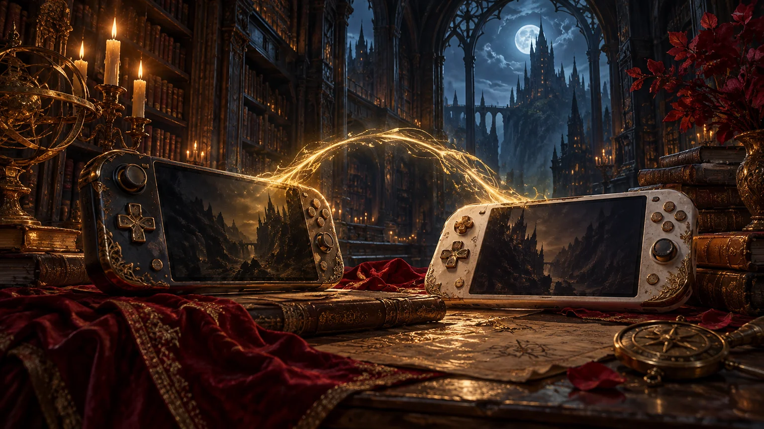 Two distinct unbranded handheld devices connected symbolically by a golden arc, Gothic library background, compatibility concept. Original conceptual illustration.