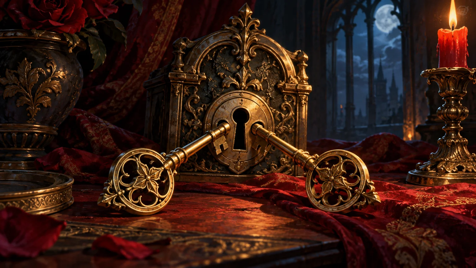 A sculptural pair of matching brass keys fitting one lock on a dark-red table, symbolic backwards compatibility. Original conceptual illustration.