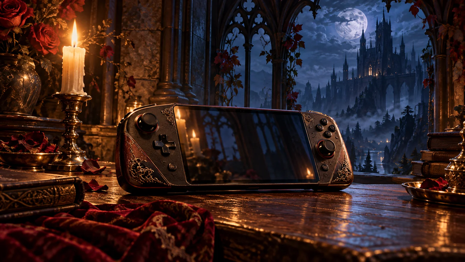 An unbranded handheld gaming device on an antique wooden table near a candlelit Gothic window, no recognizable brand shape or logos. Original conceptual illustration.