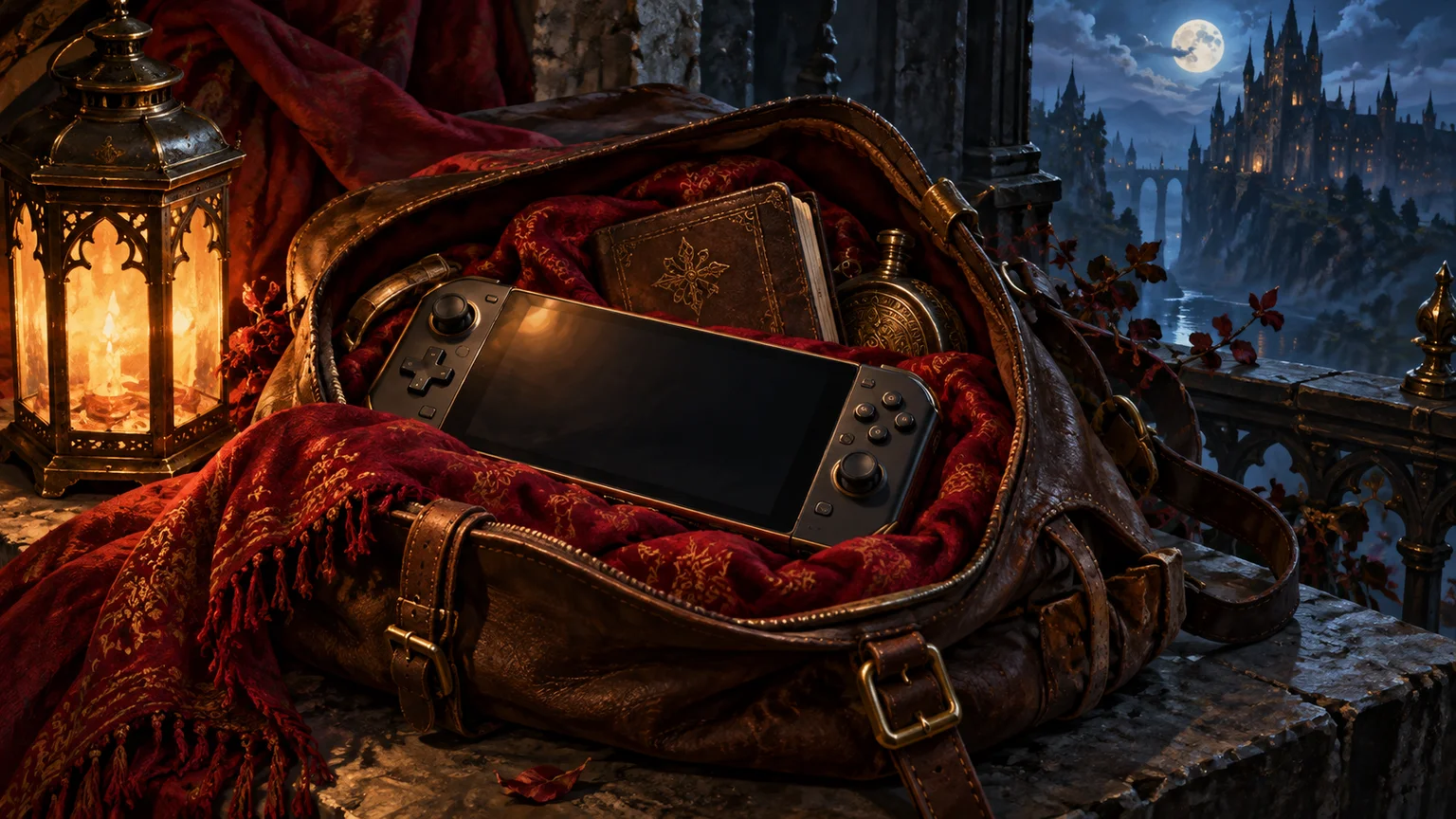 A generic portable game device inside a travel satchel with red fabric and lantern, symbolic portable play. Original conceptual illustration.