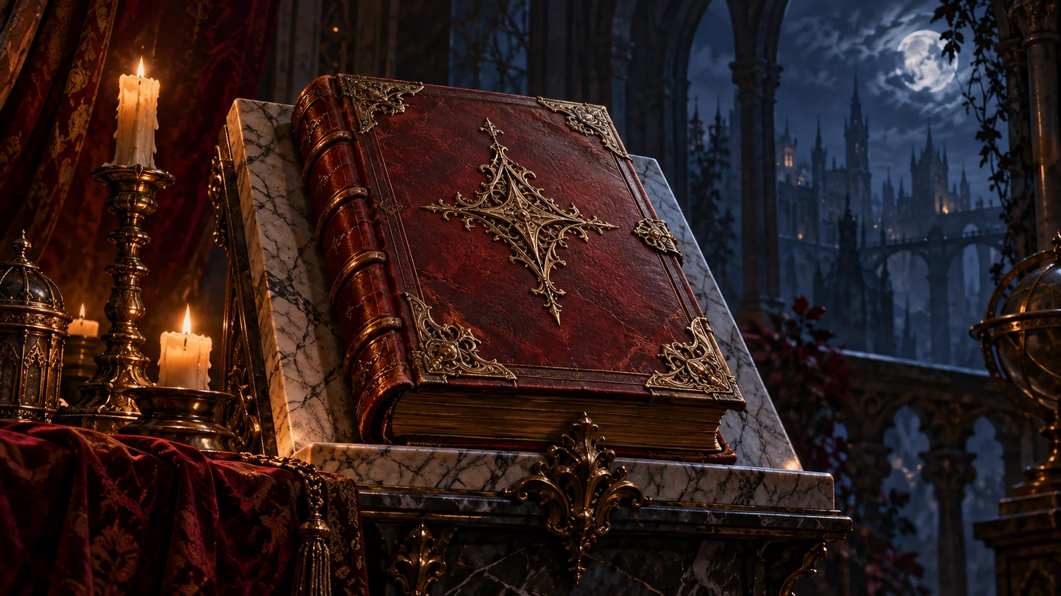 An original antique legal folio bound in dark crimson leather on a marble reading stand, no writing. Original conceptual illustration.