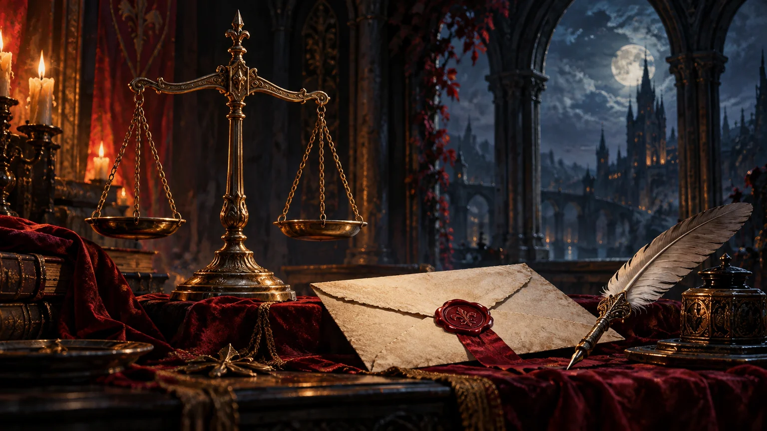 A balanced brass scale beside a blank sealed parchment and quill in a Gothic chamber, rights and attribution metaphor. Original conceptual illustration.