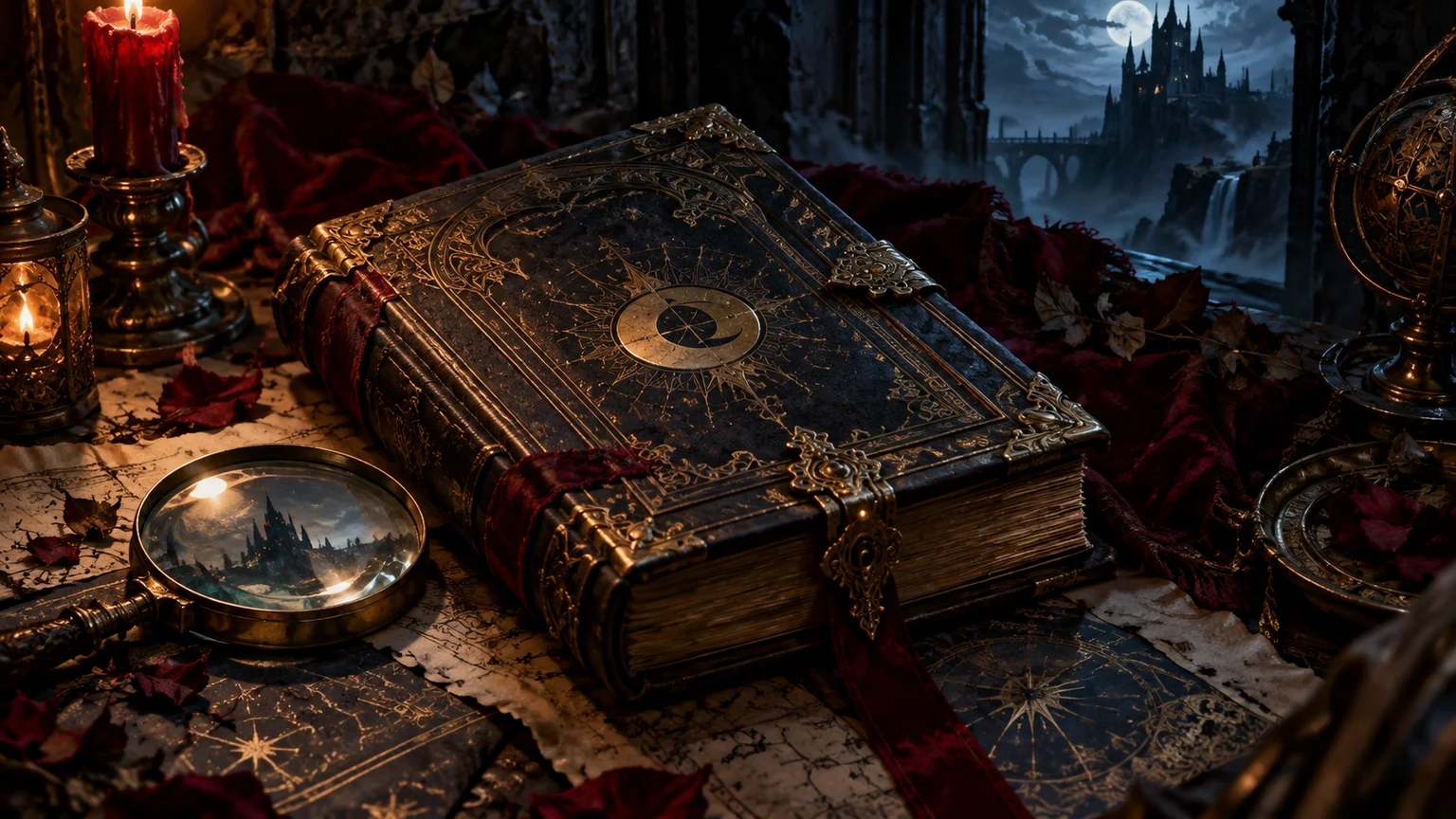 A sealed illuminated manuscript surrounded by shadow, a magnifying lens nearby, symbolic unanswered ending research. Original conceptual illustration.