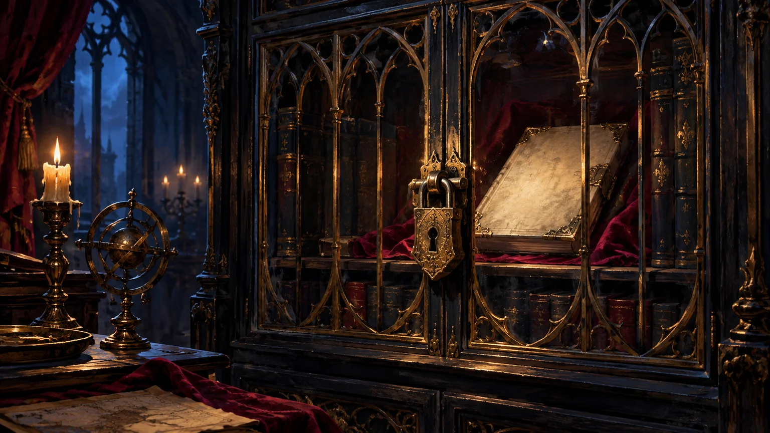 A locked archive cabinet holding a closed blank folio, neutral research metaphor without revealing an invented outcome. Original conceptual illustration.