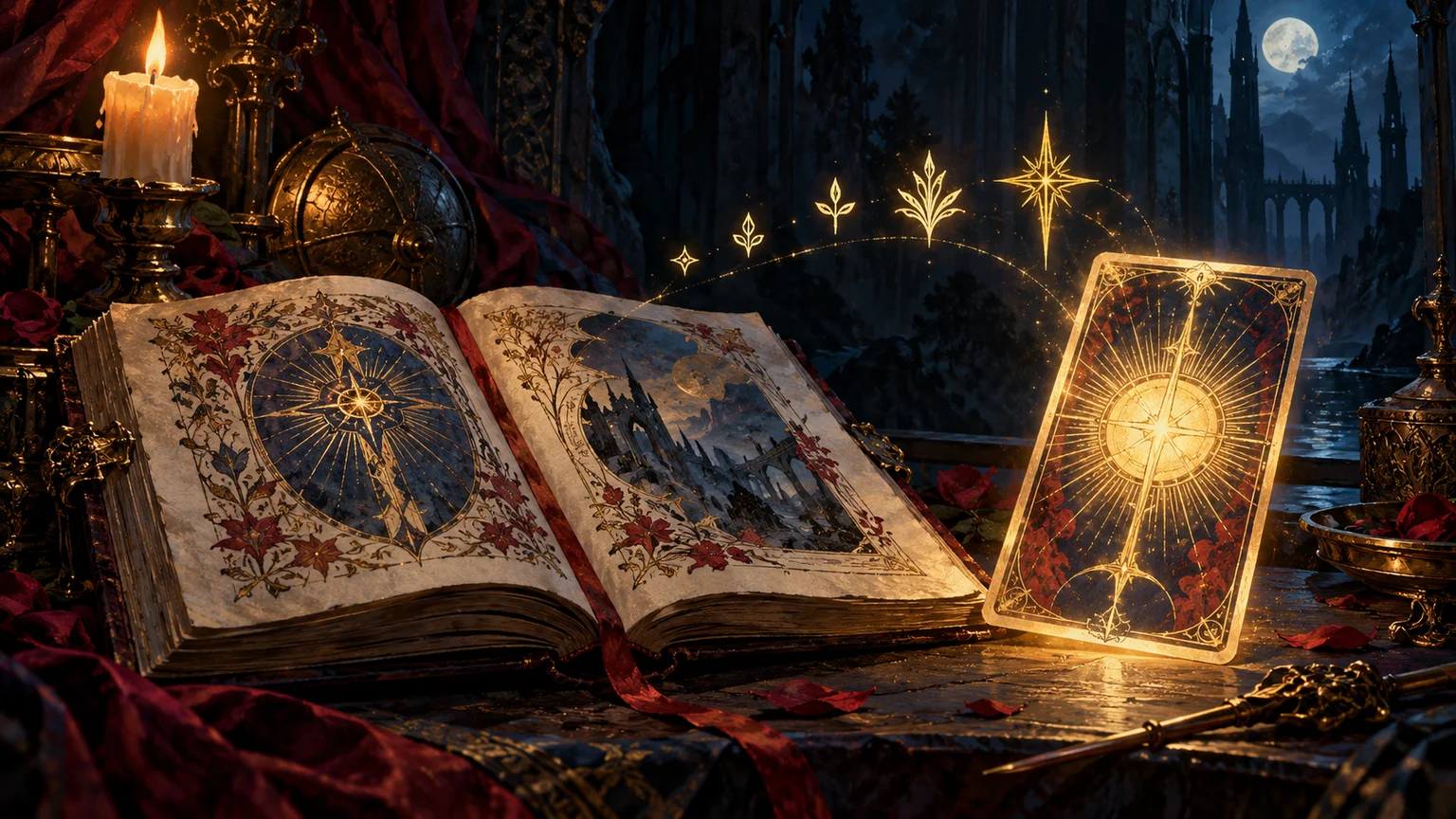 An illuminated manuscript beside a radiant unlettered tarot card, a sequence of small abstract golden marks suggesting careful improvement. Original conceptual illustration.