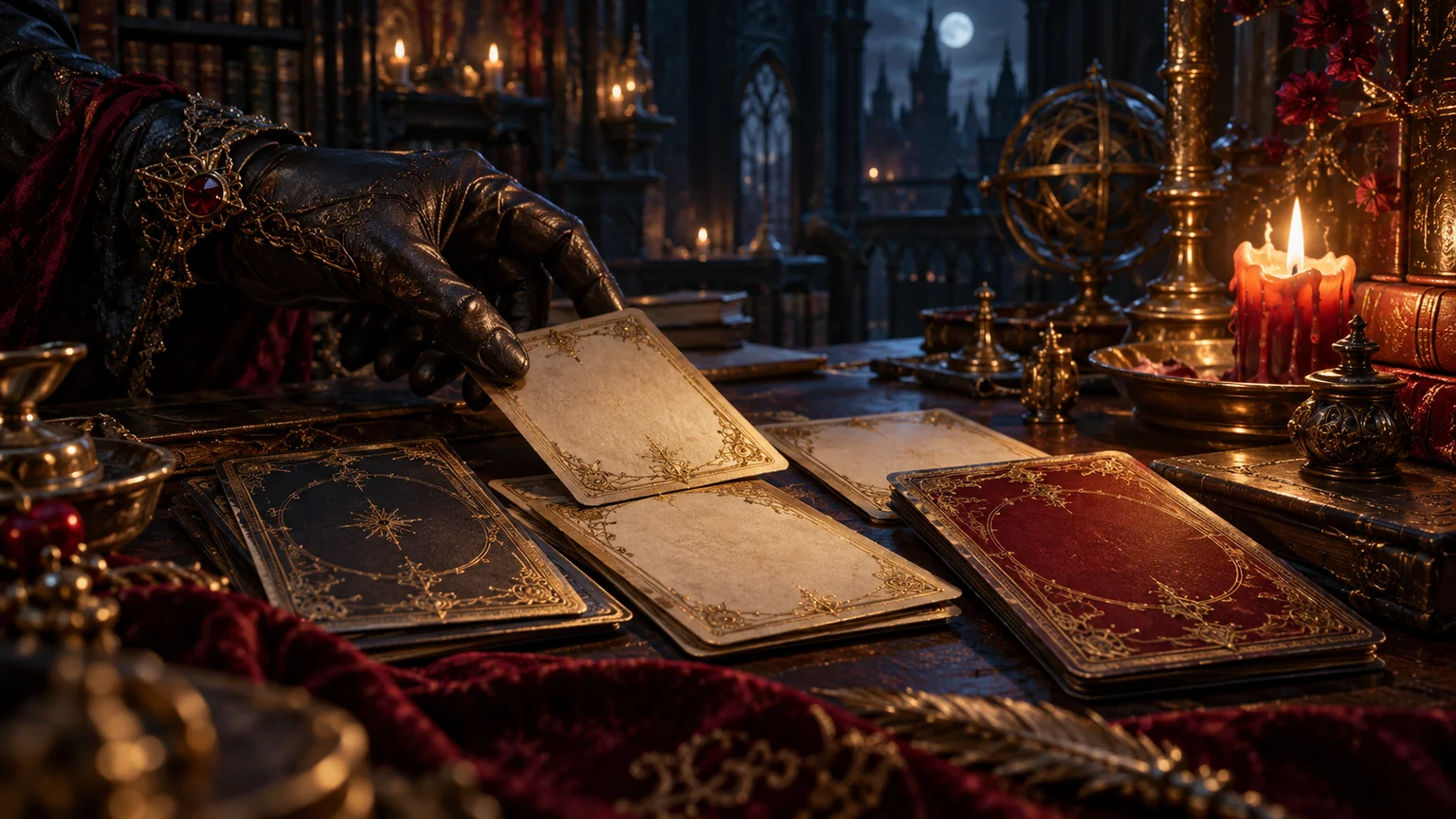 A close view of a craftsman’s gloved hand arranging ornate blank spell cards in a candlelit library. Original conceptual illustration.