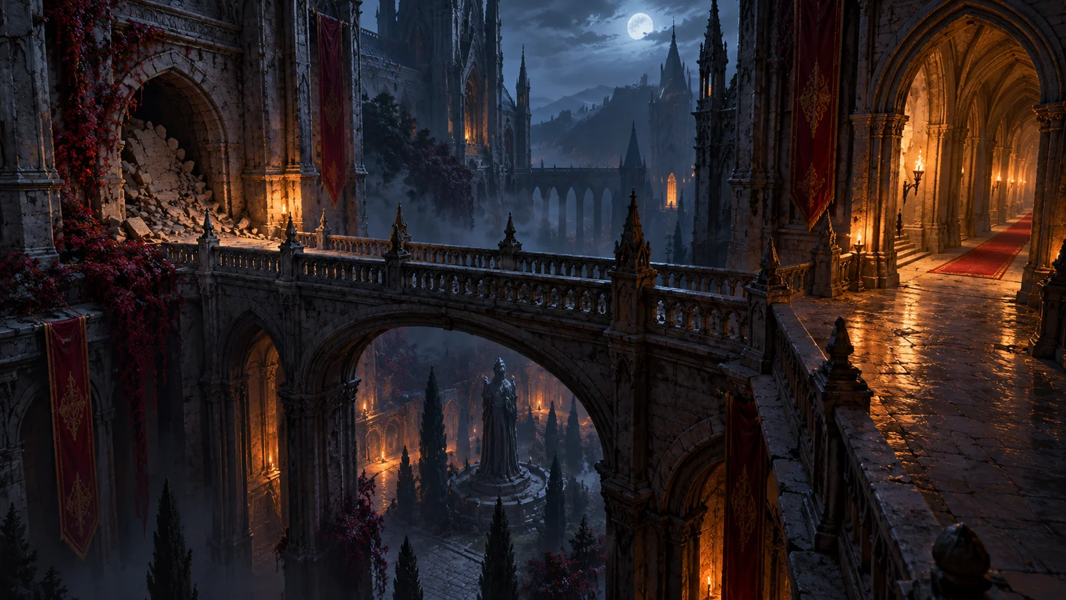 An elevated bridge above a dark Gothic courtyard, a blocked side passage and a lit accessible arch, conceptual exploration. Original conceptual illustration.
