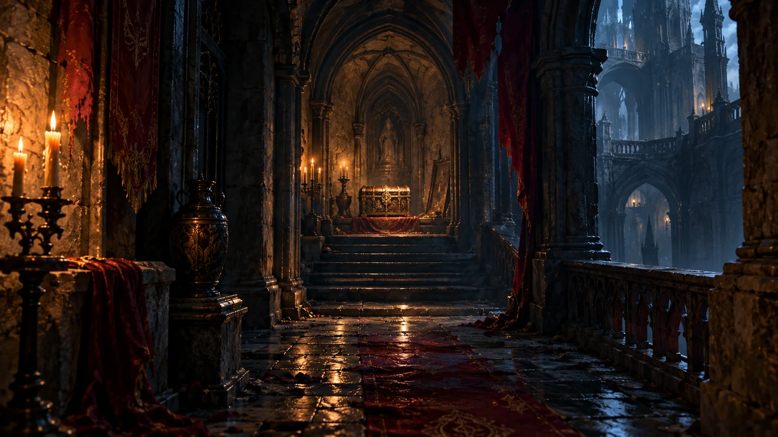 A distant weapon chest in a generic dim medieval alcove, viewed from an exploratory corridor, fictional location. Original conceptual illustration.